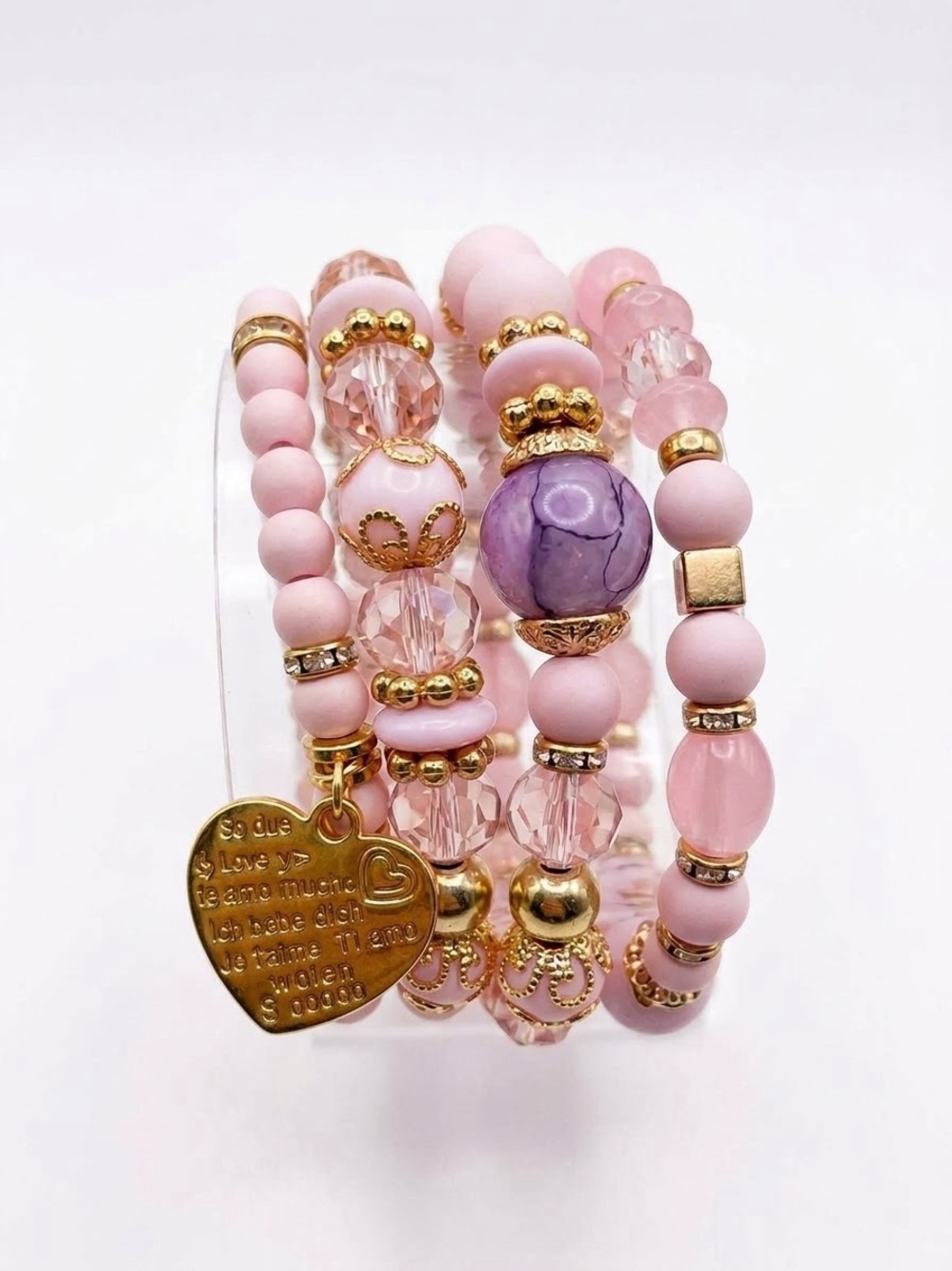 Pink Beaded Multilingual 'I Love You' Heart Charm Stackable Bracelet"